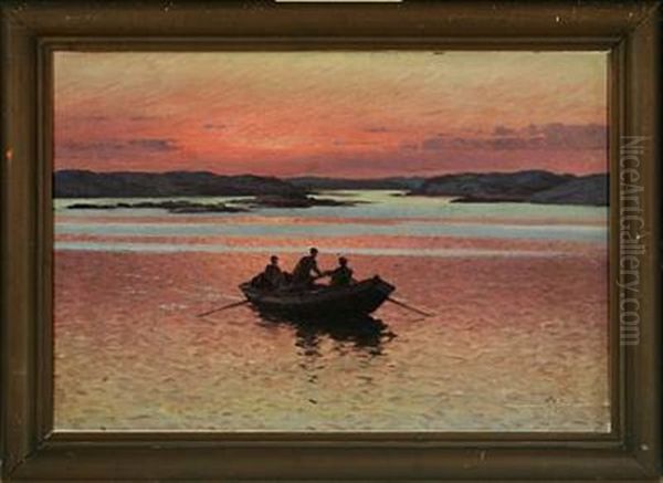 Sunset At The Sea With Rowing Boat Oil Painting by Emil Gotthard Ekman