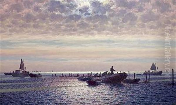 Fishermen By The Pound Nets, Early Morning Oil Painting by Emil Gotthard Ekman