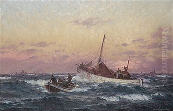 Fiskebatar Pa Havet Oil Painting by Emil Gotthard Ekman