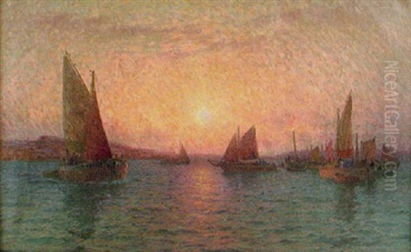 Fiskeflotta I Solnedgang Oil Painting by Emil Gotthard Ekman