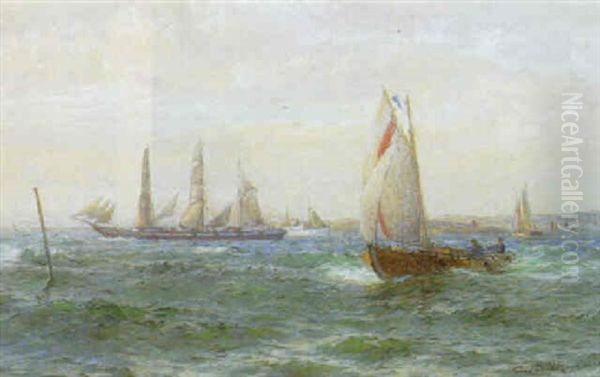 Marine. Talrige Skibe Pa Havet Oil Painting by Emil Gotthard Ekman