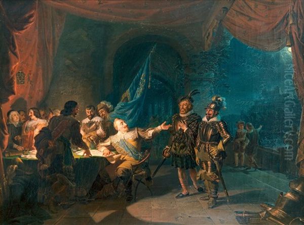 Gustav Ii Adolf Having A War Negotiation In Wurtzburg, Giving Commands To Axel Lillje And Ramsay Oil Painting by Robert Wilhelm Ekman