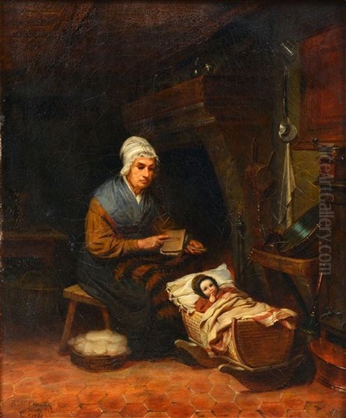 Grandmother Rocking A Cradle Oil Painting by Robert Wilhelm Ekman