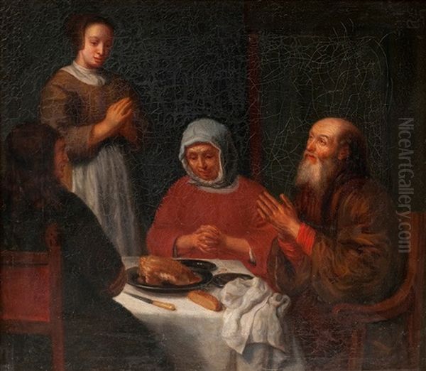 A Family Praying Before Supper Oil Painting by Robert Wilhelm Ekman