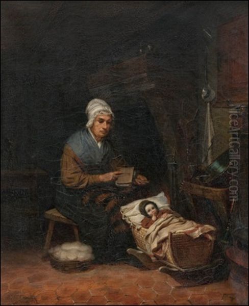 Kehtoa Keinuttava Mummo Oil Painting by Robert Wilhelm Ekman