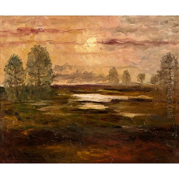 Landskap Med Trad, Solnedgang Oil Painting by Per Ekstroem