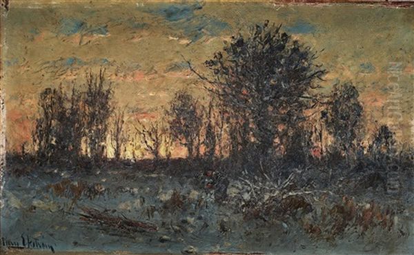 French Winter Landscape With Figure Oil Painting by Per Ekstroem