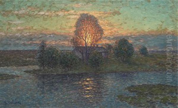 Hus I Solnedgang Oil Painting by Per Ekstroem