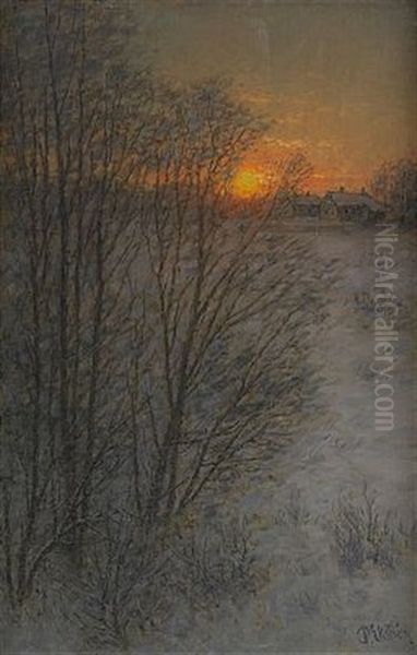 Vinterlandskap I Solnedgang Oil Painting by Per Ekstroem