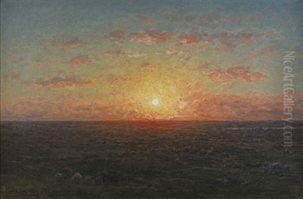 Solnedgang Over Havet Oil Painting by Per Ekstroem