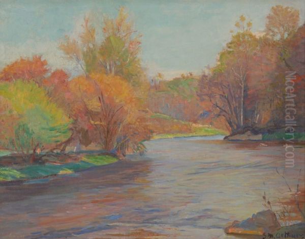 Autumnal River Landscape Oil Painting by Stanley Massey Arthurs