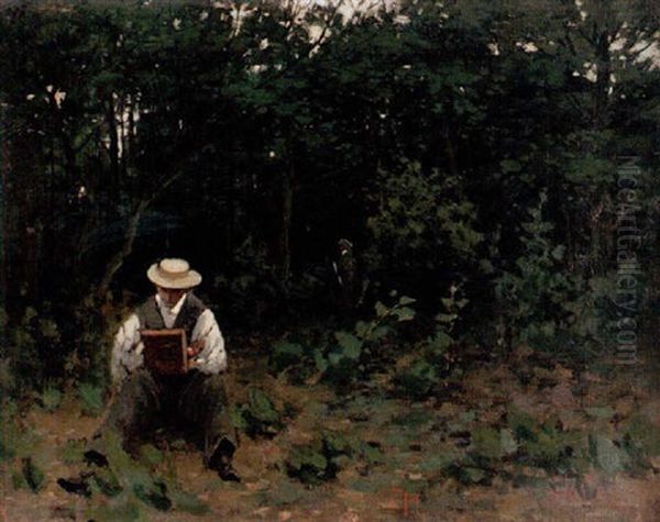 Konstnar I Skogsbryn, Figur I Bakgrunden Oil Painting by Per Ekstroem