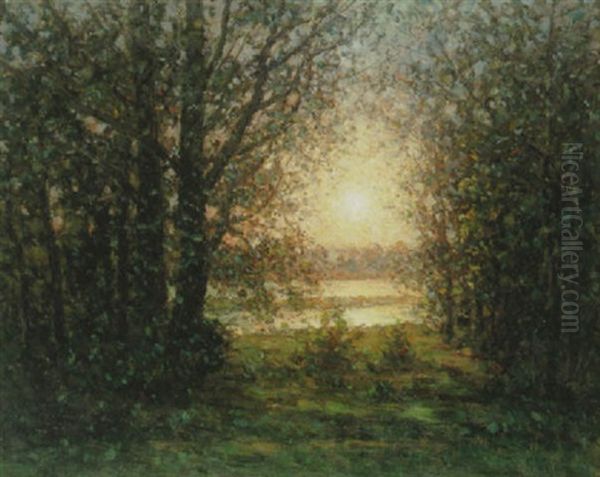 Solbelyst Landskap Oil Painting by Per Ekstroem