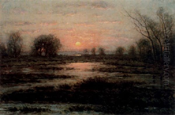 Franskt Flodlandskap, Solnedgang Oil Painting by Per Ekstroem