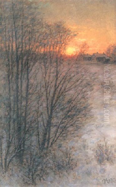 Vinterlandskap I Solnedgang Oil Painting by Per Ekstroem