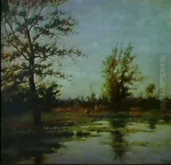 Franskt Sommarlandskap Med Oversvammad Flod Och Risplockare Oil Painting by Per Ekstroem