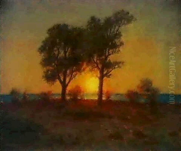 Landskap Med Solnedgang Genom Trad Oil Painting by Per Ekstroem