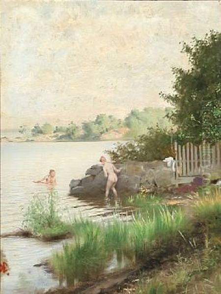 Two Bathing Women Oil Painting by Knut Ekwall