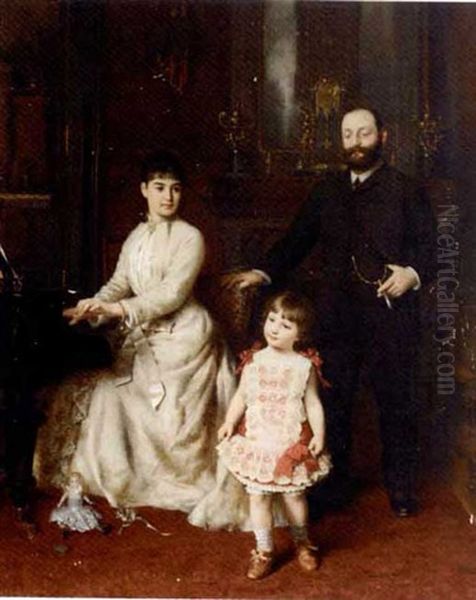 Portrait Of A Gentleman And His Wife With Their Young Child In An Interior Oil Painting by Knut Ekwall