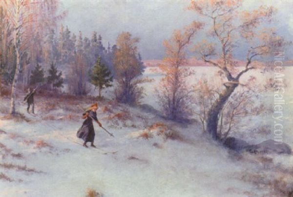 Skidakare I Vintersol Oil Painting by Knut Ekwall