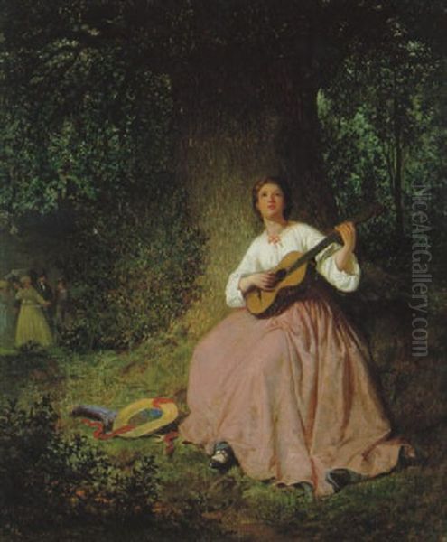 Kvinna Med Gitarr I Sommarlandskap Oil Painting by Knut Ekwall