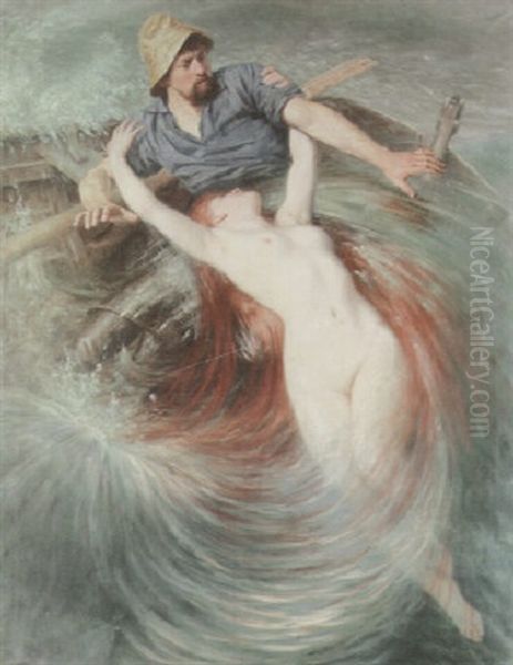 A Fisherman Engulfed By A Siren Oil Painting by Knut Ekwall