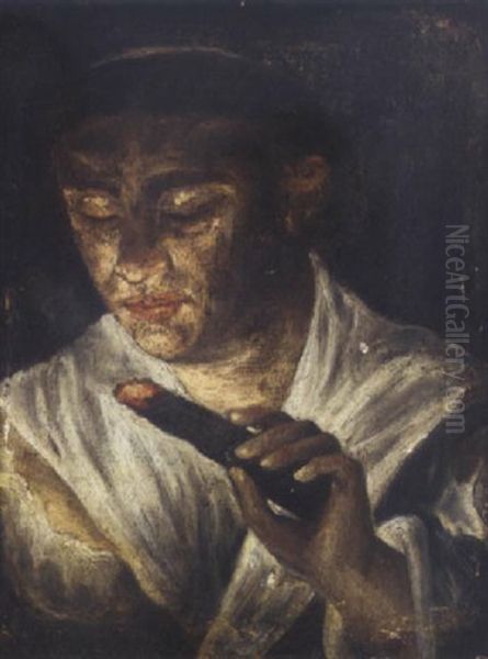 A Boy Blowing On A Burning Ember Oil Painting by  El Greco