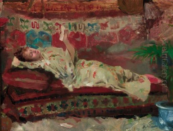 A Reclining Lady In A Kimono Oil Painting by Albert Emile Artigue