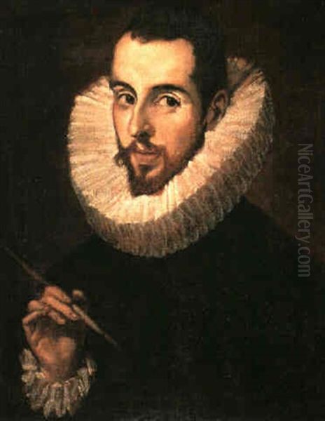 A Portrait Of Jorge Manuel Theotokopoules (1578-1631) Long  Bust Length, Holding A Paint Brush In His Right Hand Oil Painting by  El Greco