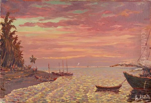 Tropisch Strand Bij Avondrood (tropical Beach At Sunset) Oil Painting by Cornelis Robrecht Arthur (A.) Eland