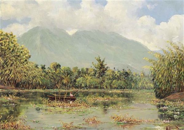 Indonesian Landscape With A Fisherman In A Boat Oil Painting by Cornelis Robrecht Arthur (A.) Eland