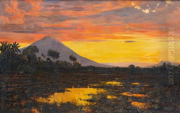 Volcano Landscape At Sunset, Java Oil Painting by Leo Eland