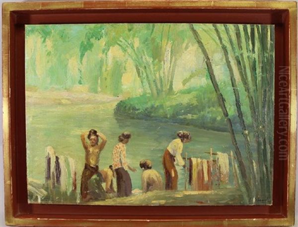 Washing By River Oil Painting by Leo Eland