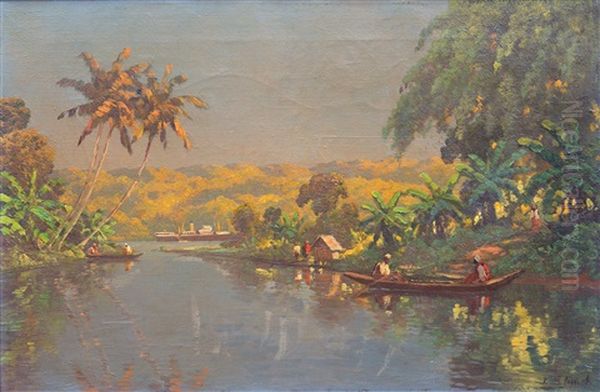 Bay With Palmtrees And Anchored Steamship In The Distance by Leo Eland