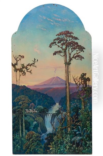 Waterfall And Volcano At Sumatra by Leo Eland