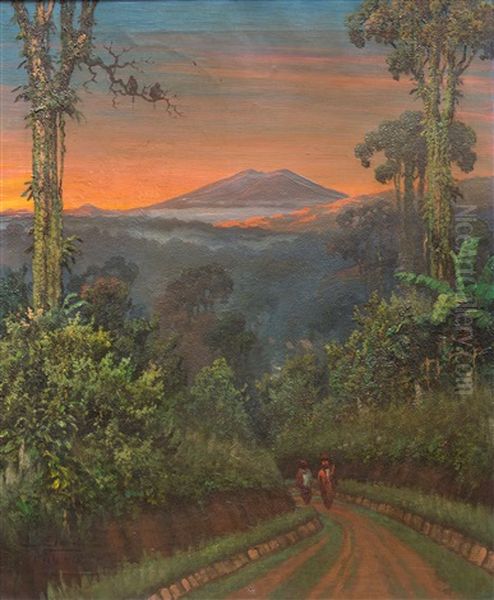 Vulcano In Evening Landscape Oil Painting by Leo Eland