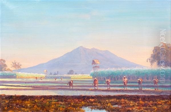 Workers In The Rice Fields At Dawn by Leo Eland