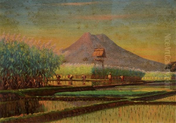 Paddy Field With Mountain In The Distance by Leo Eland