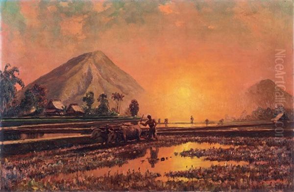 Sunset In The Rice Fields Oil Painting by Leo Eland