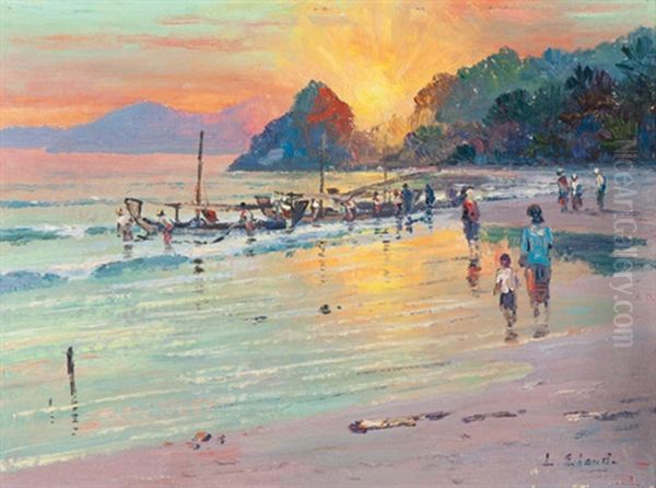 Coastal Scene At Evening Dawn Oil Painting by Leo Eland