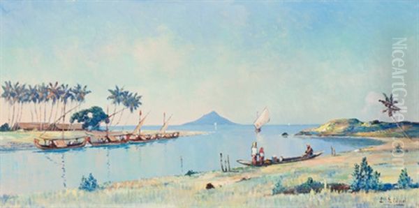 Boats In The Bay Oil Painting by Leo Eland