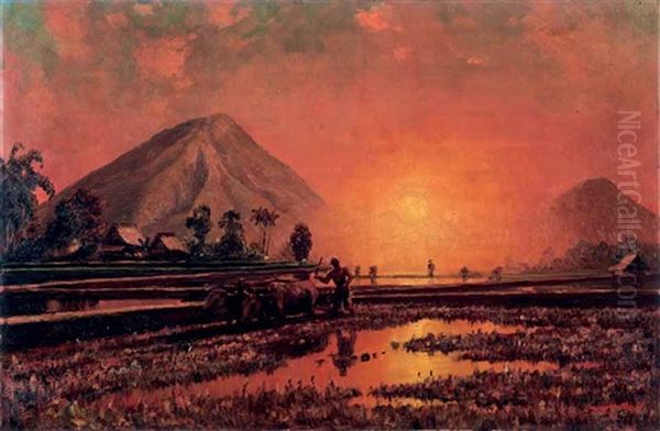 Sunset In The Rice Fields Oil Painting by Leo Eland