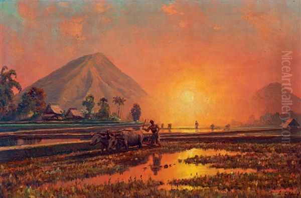 Working The Land At Sunset Oil Painting by Leo Eland