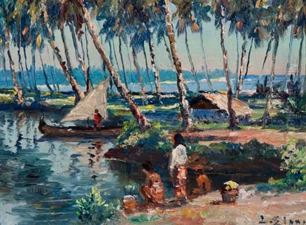 Figures Along The Waterside Oil Painting by Leo Eland