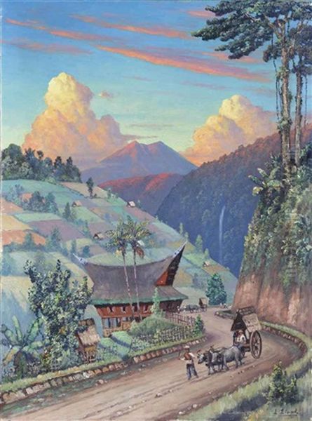 Indonesian Villagers Passing A Batak House Oil Painting by Leo Eland