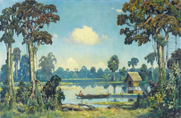 Beautiful Lakeside Oil Painting by Leo Eland