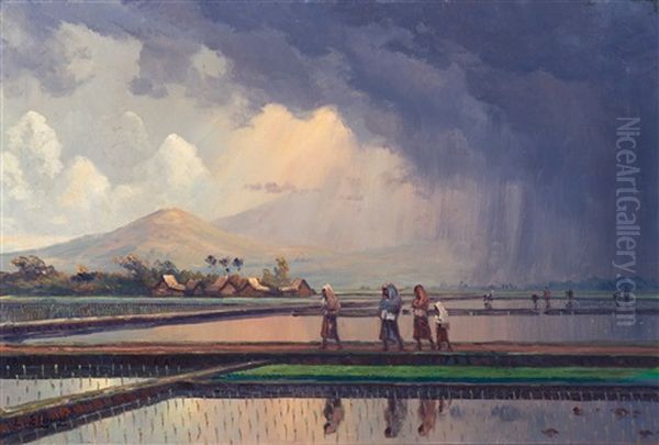 The Sun Breaking Through Over The Paddy Fields Oil Painting by Leo Eland