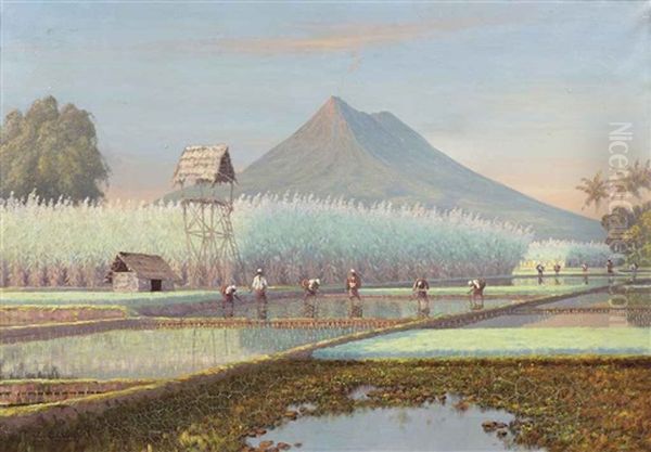 Landscape With Workers On The Rice Fields Oil Painting by Leo Eland