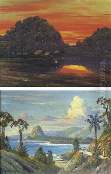 Fisherman At Sunset (+ A Coastal View; 2 Works) Oil Painting by Leo Eland