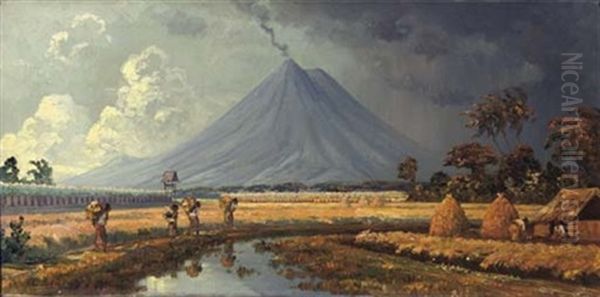 Landscape With Workers By The Vulcano by Leo Eland